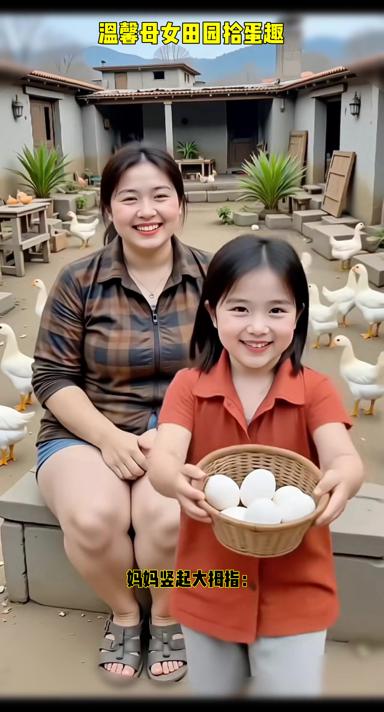 母女俩乐享田园生活,萌鸭相伴,收获满满鸡蛋