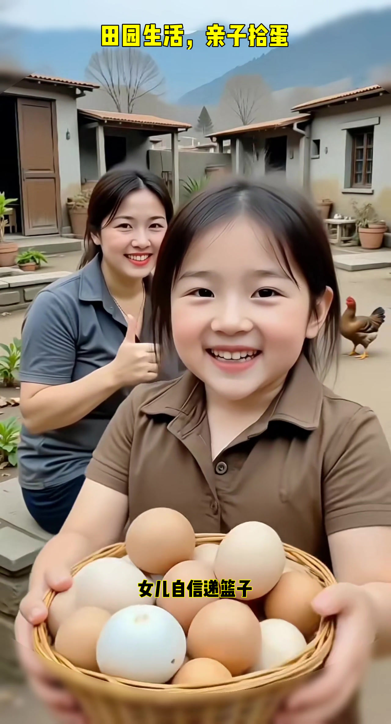母女俩开心收鸡蛋,田园生活真惬意!