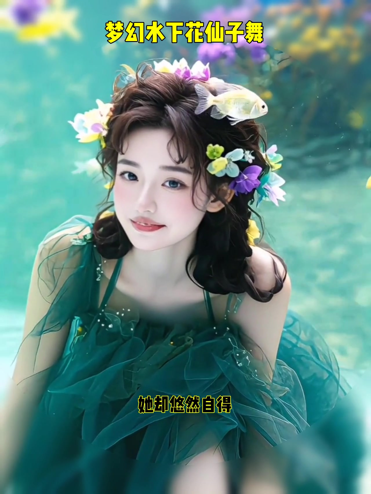 水下花仙子,鱼群环绕,梦幻绿裙美如画