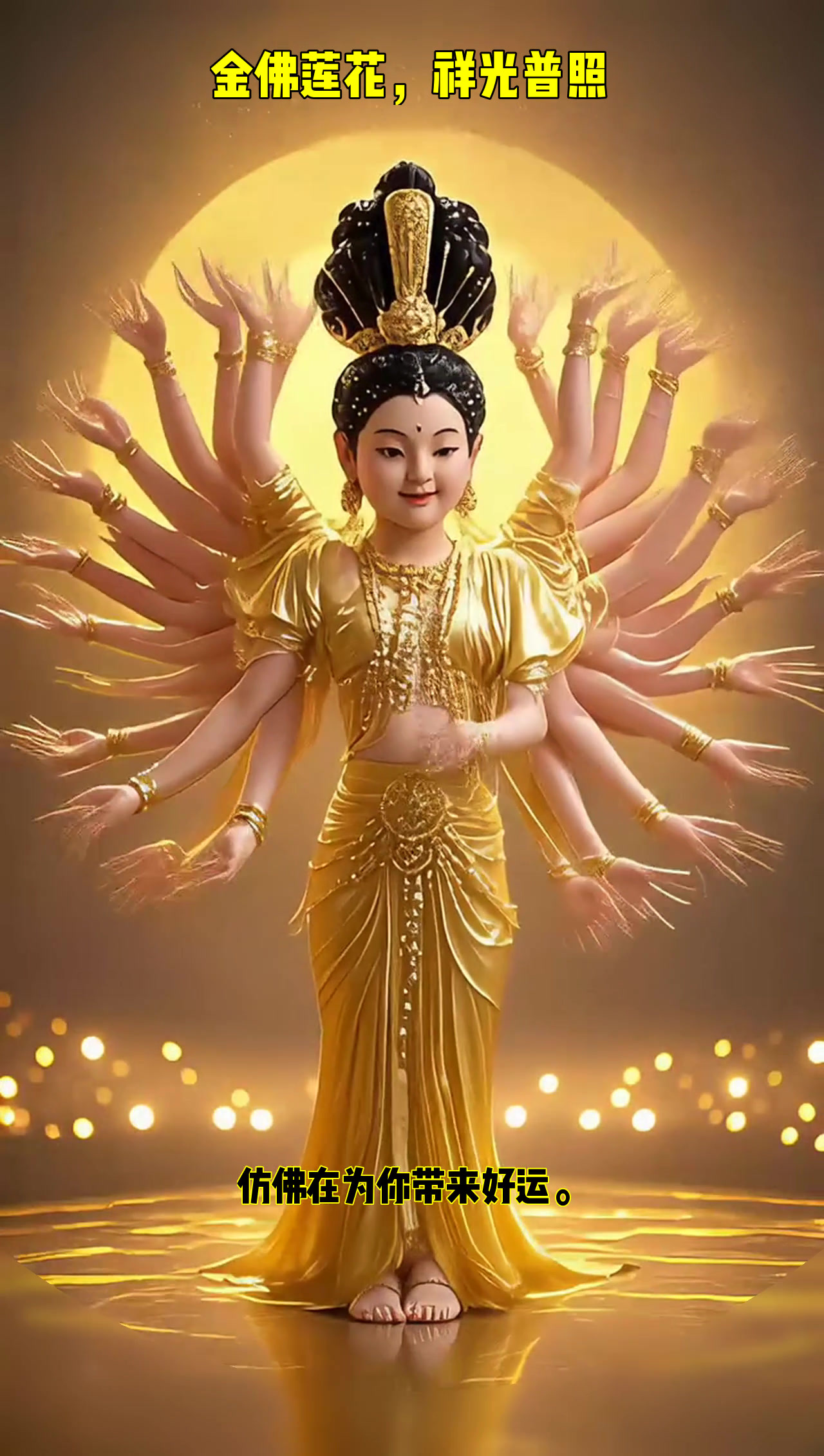 金佛莲花上微笑,千手观音显神通,光芒四射真震撼