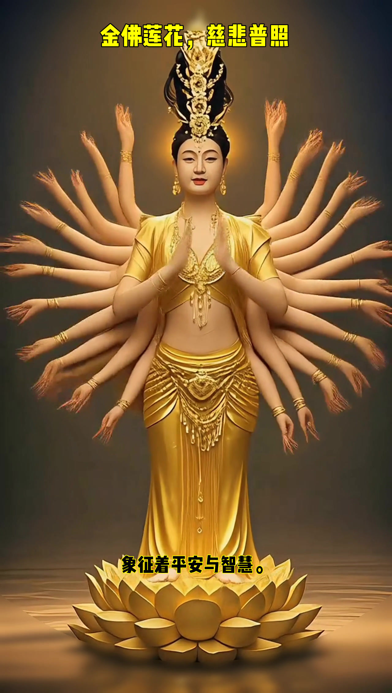 金佛莲花座,双手合十显神韵,千手观音慈悲心