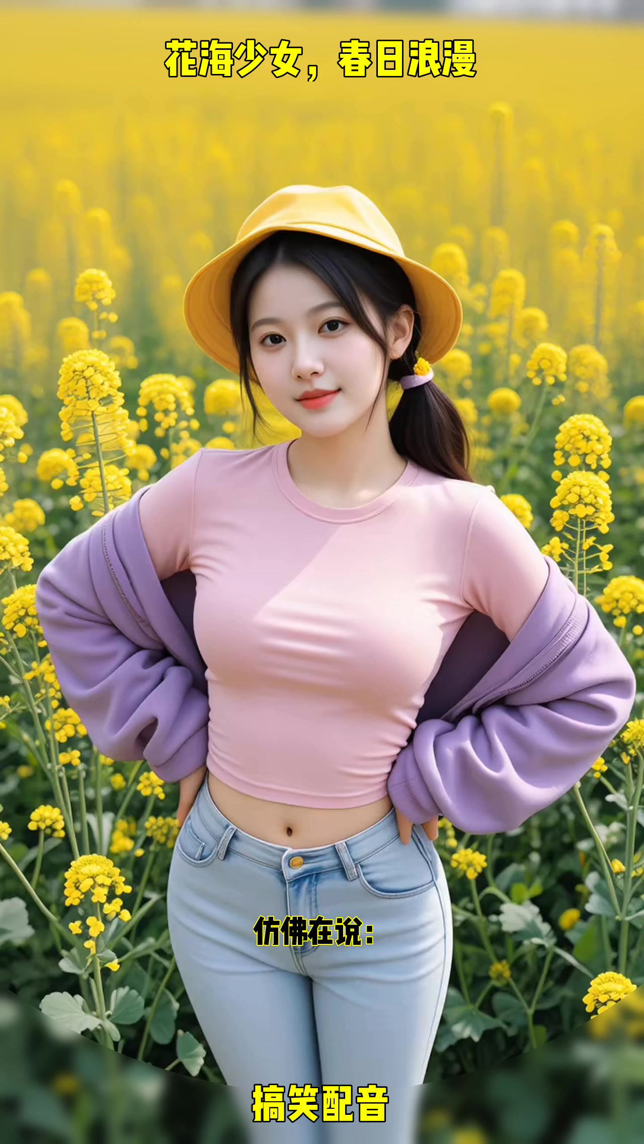 油菜花田里的青春少女,笑容甜美,自然风光美如画