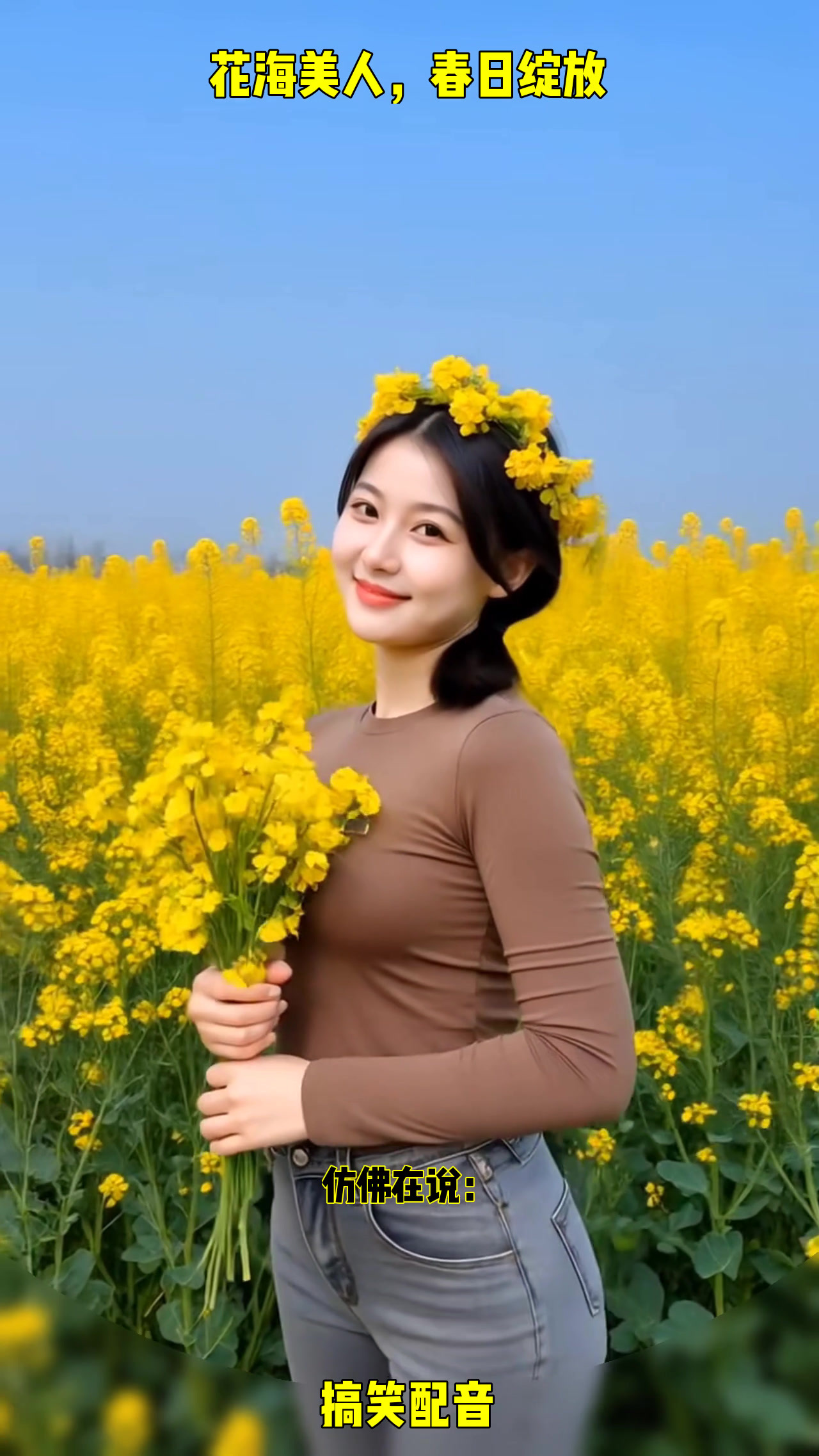 油菜花田里的微笑,手捧花束,美得让人心动