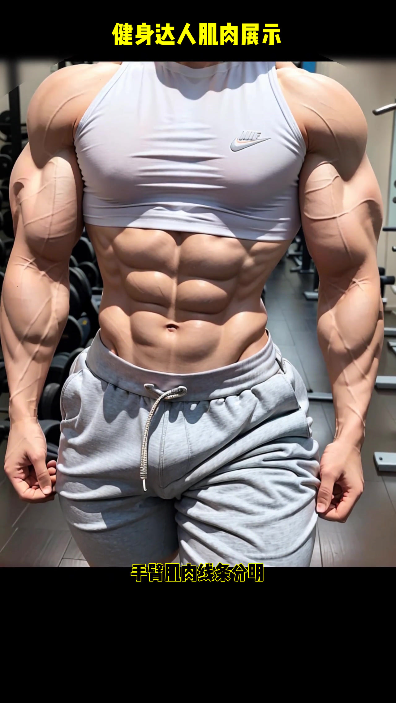 健身房里的肌肉男神，腹肌八块，手臂线条超赞