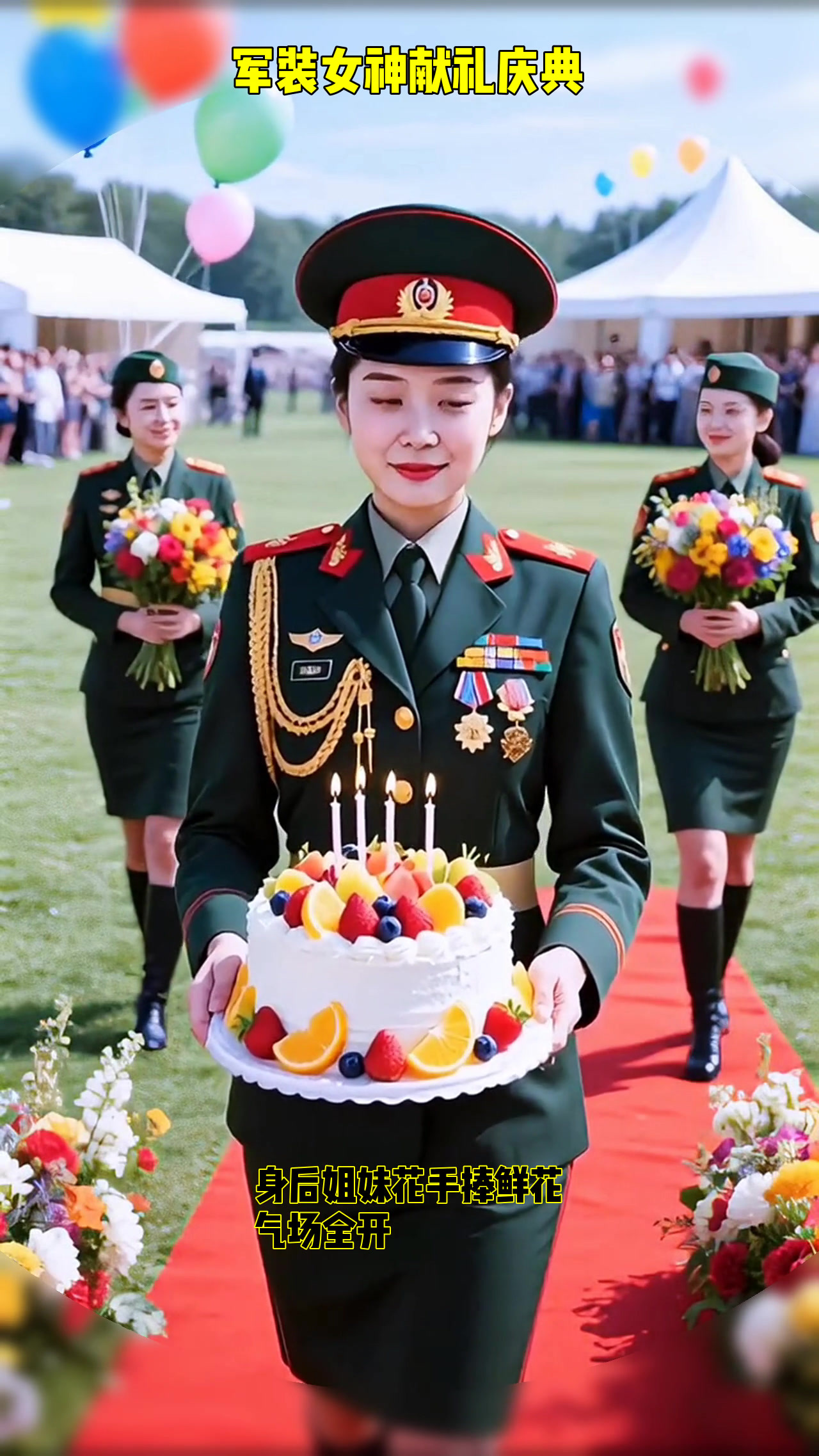 军装女神手捧水果蛋糕，笑容灿烂，庆祝时刻温馨又庄重