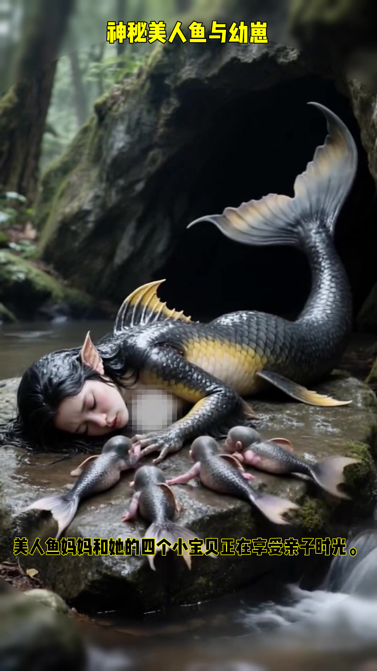 神秘美人鱼与萌娃共舞,森林溪流中的奇幻时光