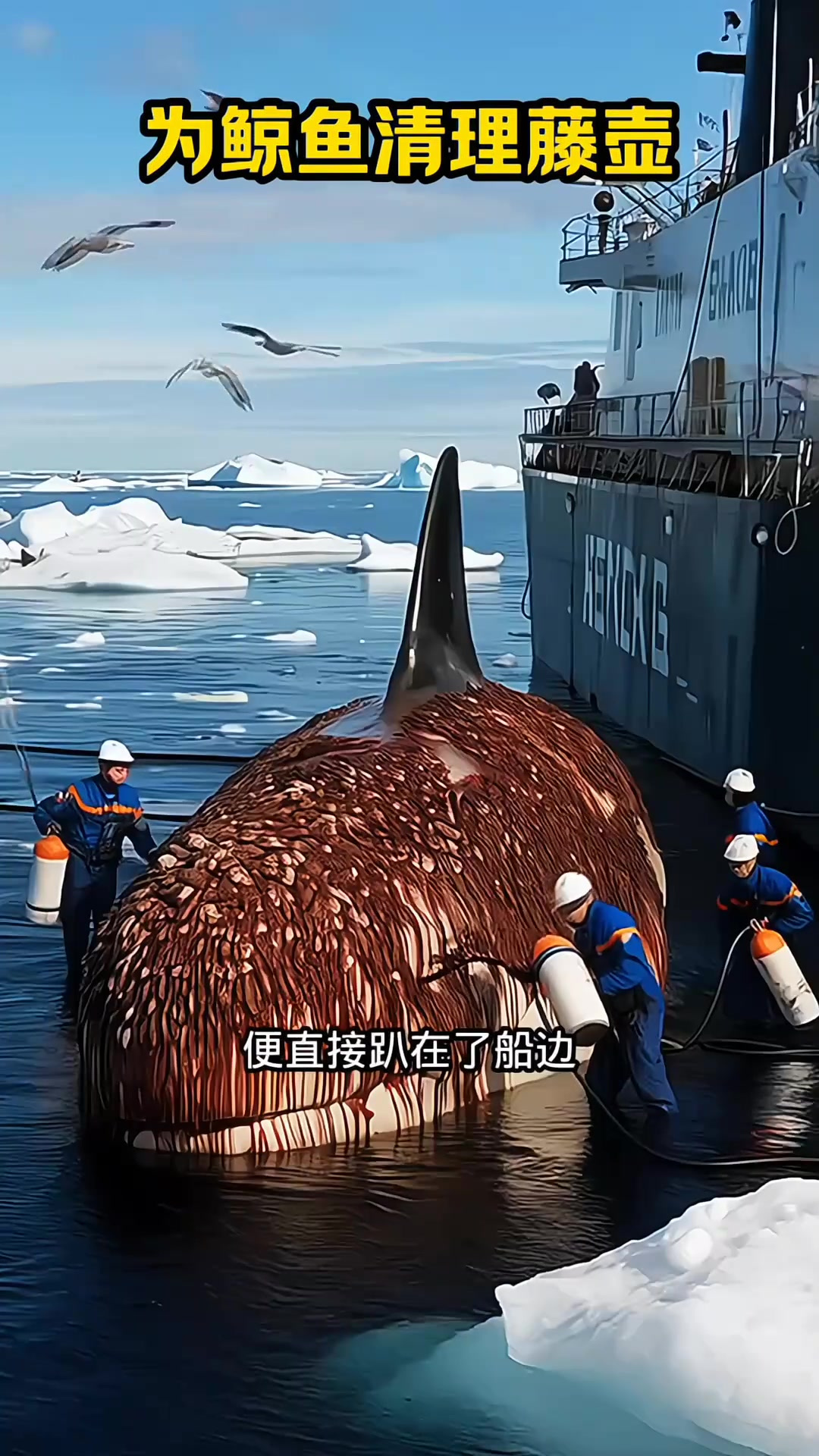 船员们为鲸鱼清理藤壶和垃圾,这一幕太温暖了!