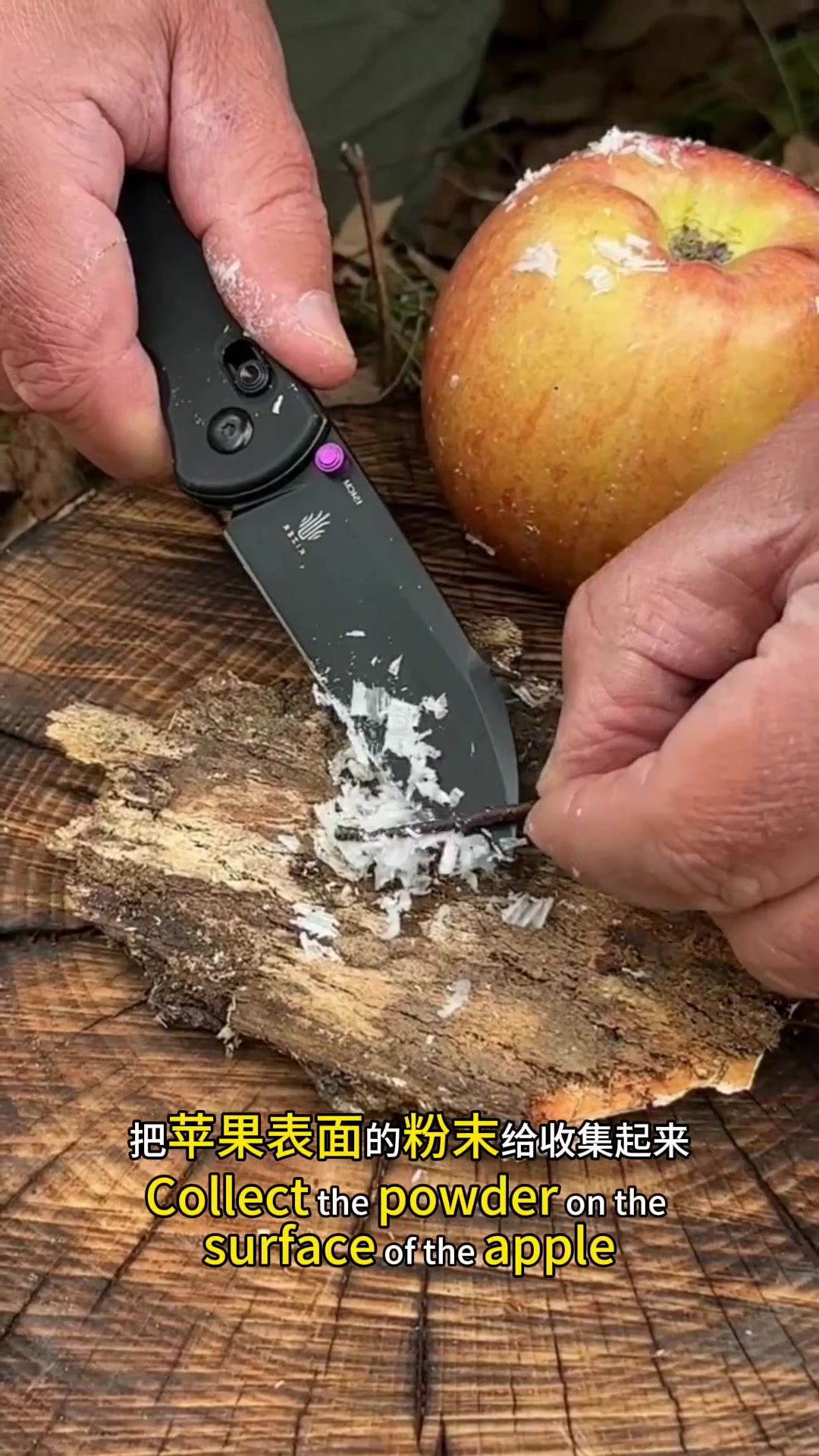 野外生火妙招:用小刀收集苹果表面粉末点燃火焰的奇妙技巧