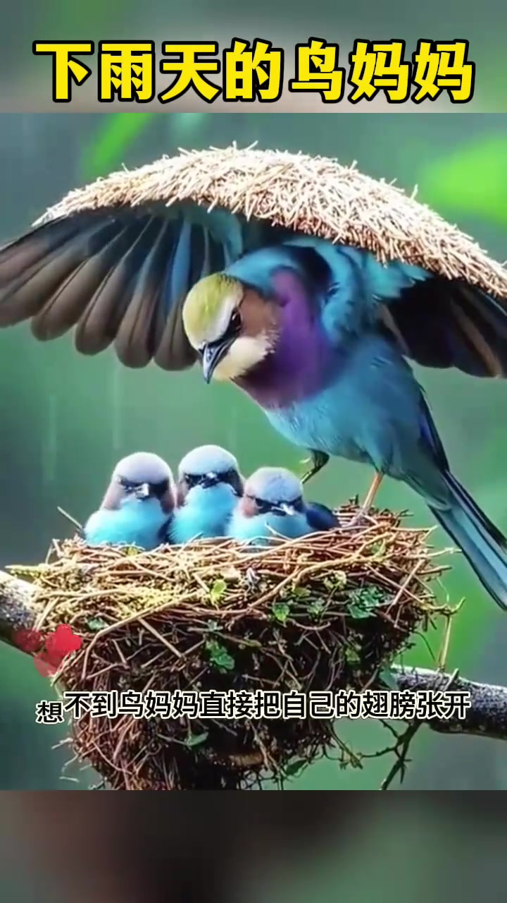 下雨天的鸟妈妈真伟大,张开翅膀为孩子遮风挡雨,自己被大雨淋湿