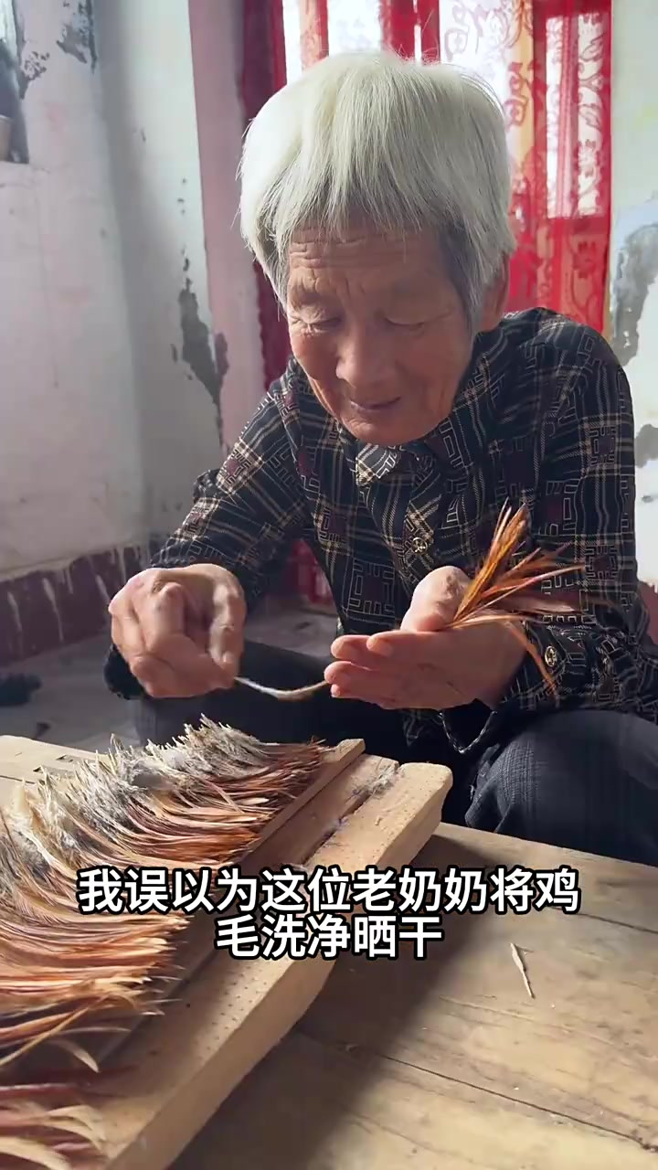 老奶奶巧手制作鸡毛掸子,传承手艺令人赞叹不已