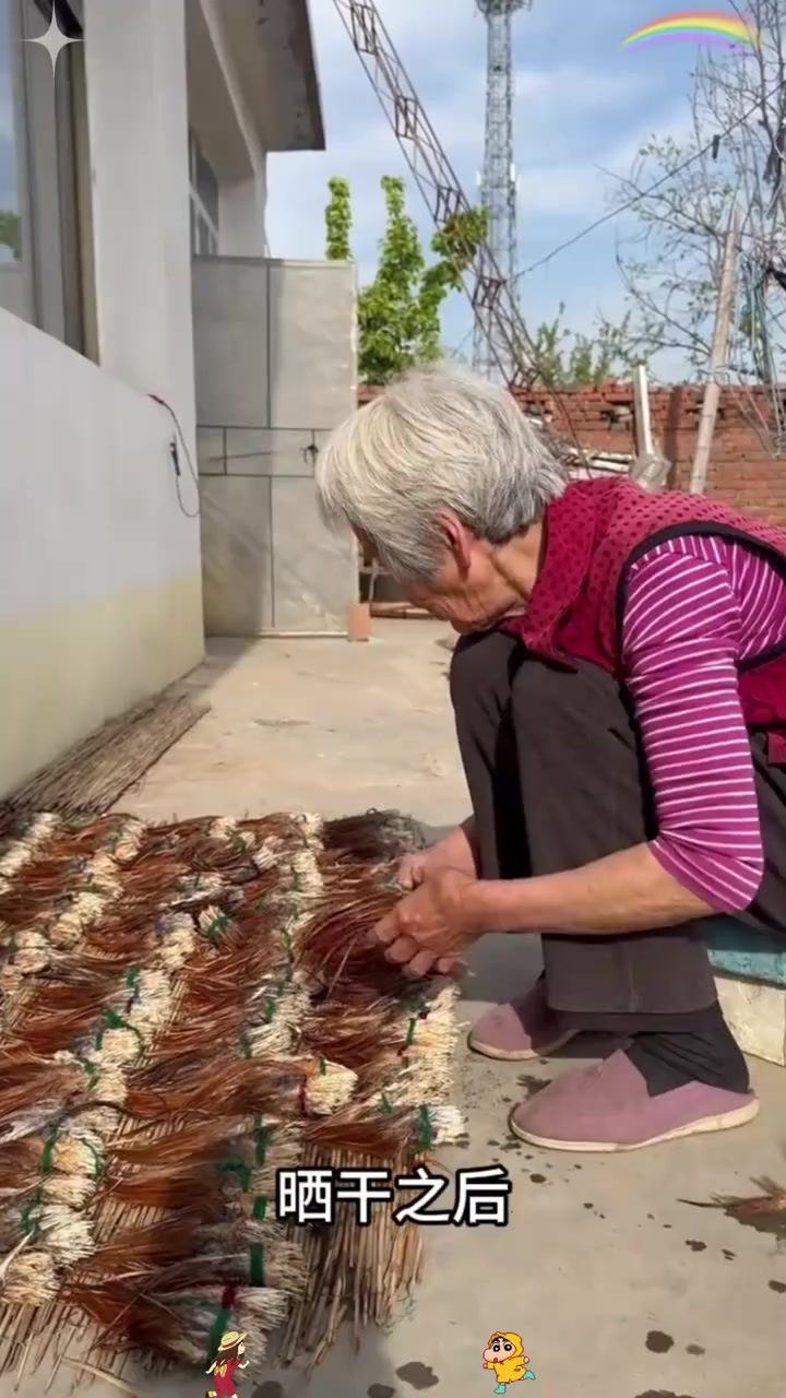 老奶奶巧手自制鸡毛掸子,传统工艺尽显智慧与实用之美