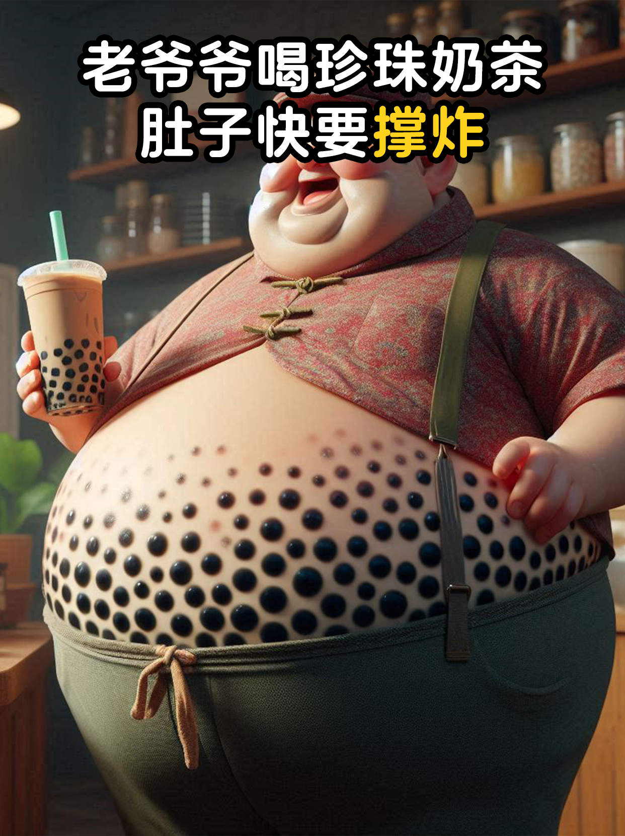 老爷爷喝珍珠奶茶,肚子快要撑炸