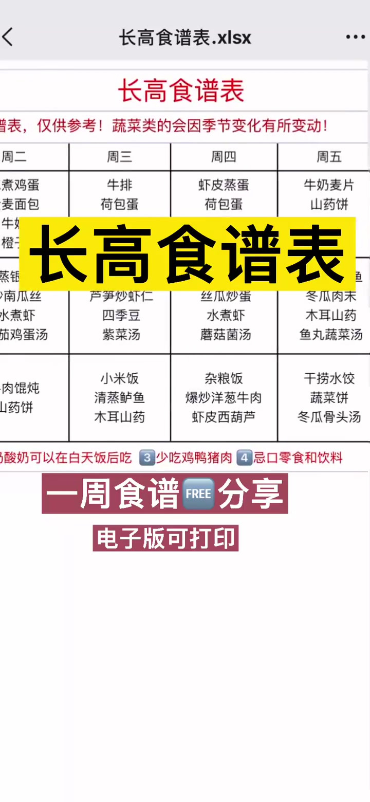儿童长高食谱表,昨天分享了运动计划表