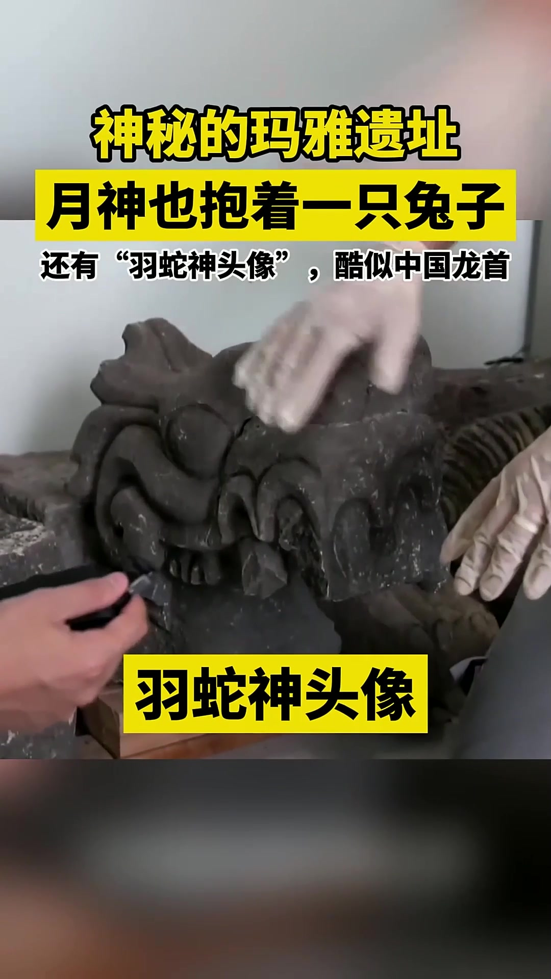 神秘的玛雅遗址,月神也抱着一只兔子。还有“羽蛇神头像”,酷似中国龙首