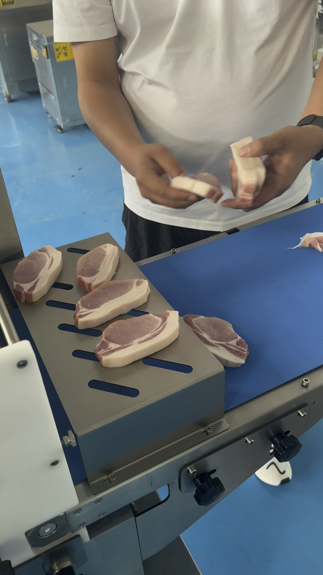 鲜肉分条机,里脊肉先切片后切条。