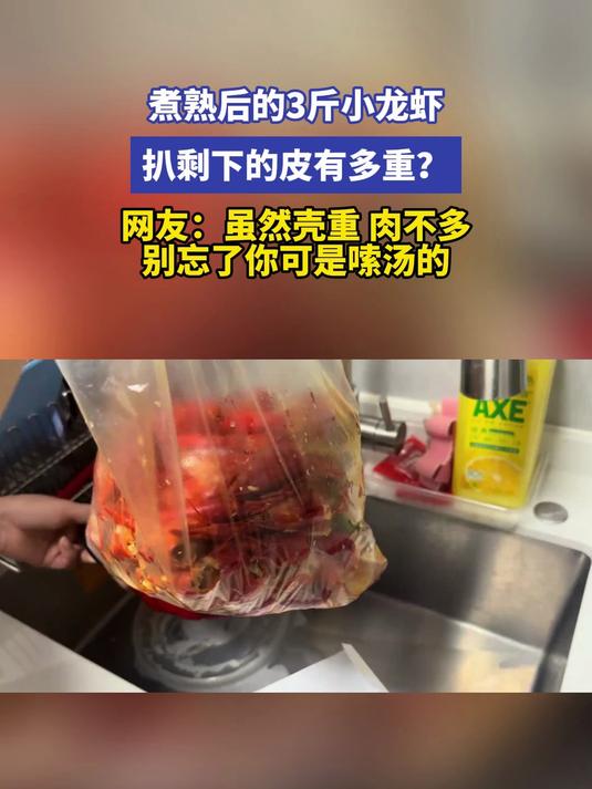 煮熟后的3斤小龙虾 扒剩下的皮有多重?网友:虽然壳重 肉不多,别忘了你可是嗦汤的