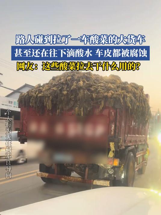 路人碰到拉了一车酸菜的大货车,甚至还在往下滴酸水车皮都被腐蚀