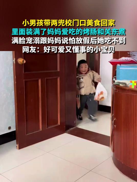 小男孩带两兜校门口美食回家 里面装满了妈妈爱吃的烤肠和关东煮 满脸宠溺跟妈妈说怕放假后她吃