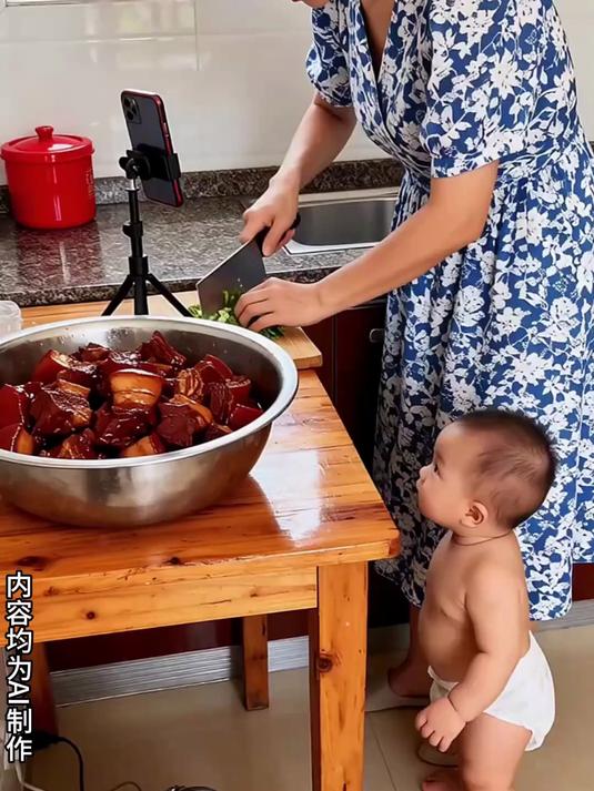 宝妈做饭，宝宝掀翻红烧肉碗，下秒委屈哭，又好哭又好笑