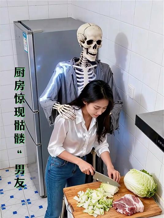 厨房惊现骷髅“男友”,美女淡定切菜,背后真相让全网头皮发麻!
