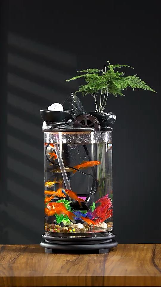 创意悬壶山水循环流水摆件生态鱼缸家用招财圆柱形玻璃养鱼水族箱