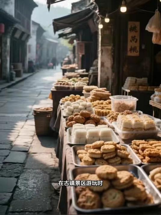 旅行到古镇景区,慎食露天摆放的散装糕点
