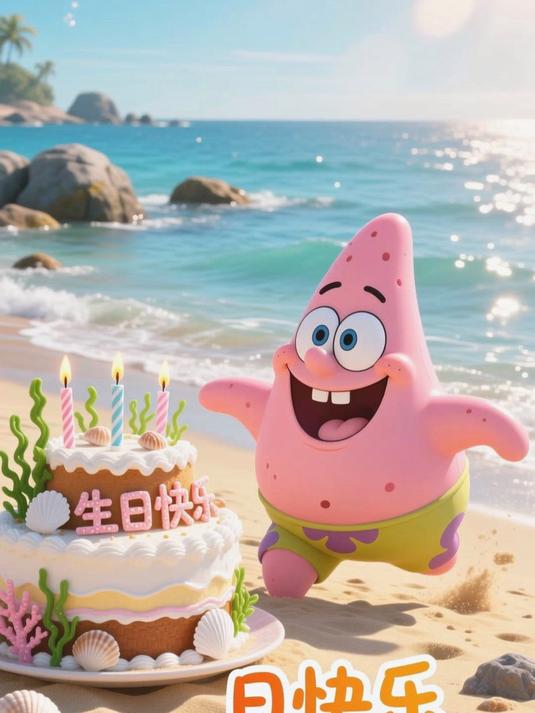 海绵宝宝动漫,给派大星过生日,用沙子堆巨大蛋糕