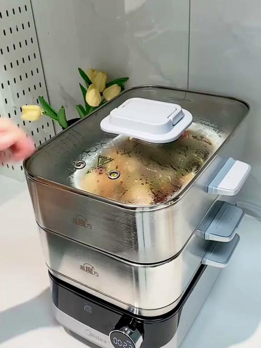 美的(Midea)0涂层电蒸锅炖蒸煮一体多功能锅304不锈钢可拆洗19L三层大容量家用4-