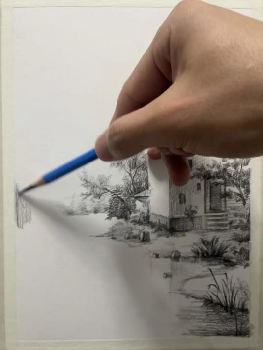 素描风景画～一支铅笔一张纸就可以画画哦