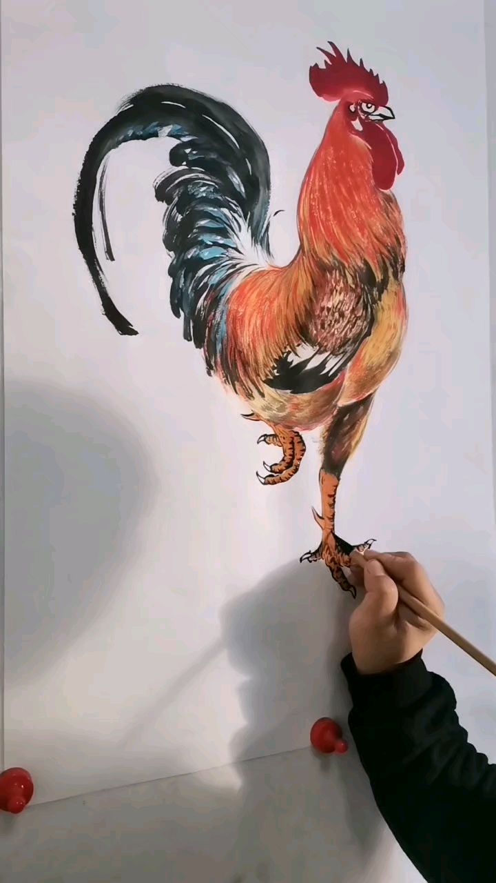 王兴民～国画公鸡:画红公鸡