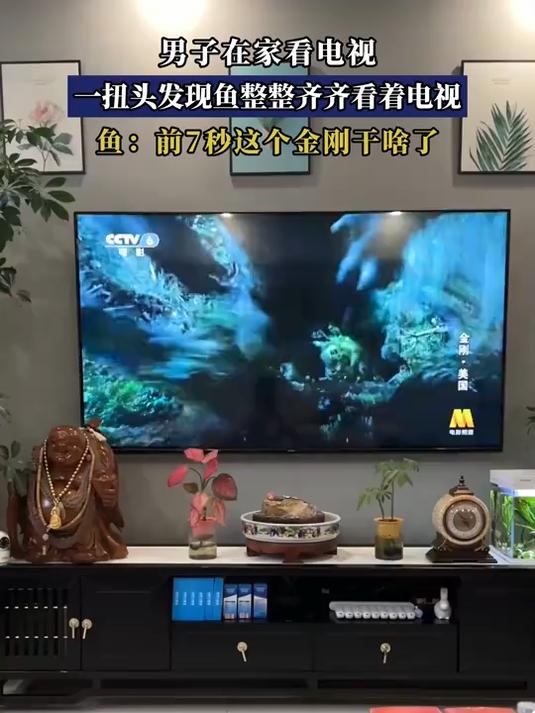 男子在家看电视，一扭头发现鱼整整齐齐看着电视