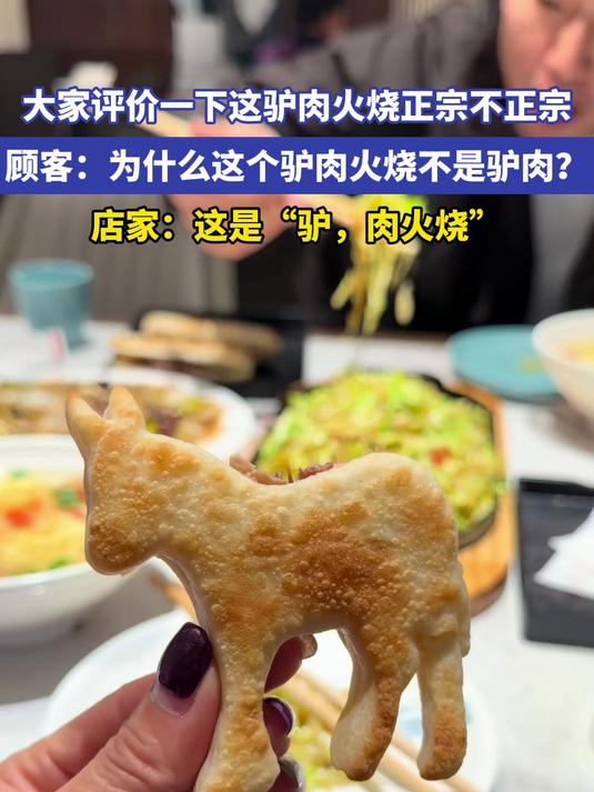 大家评价一下这驴肉火烧正宗不正宗顾客：为什么这个驴肉火烧不是驴肉？店家：这是“驴，肉火烧”