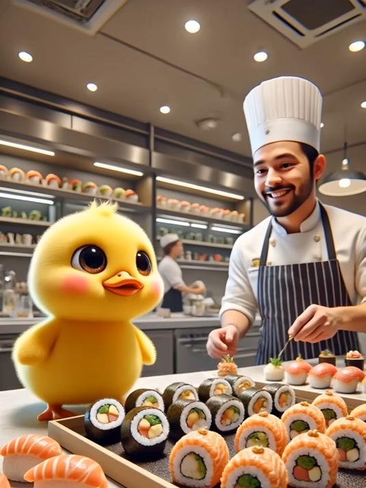 一只可爱的小鸭子正在给小女孩送寿司吃