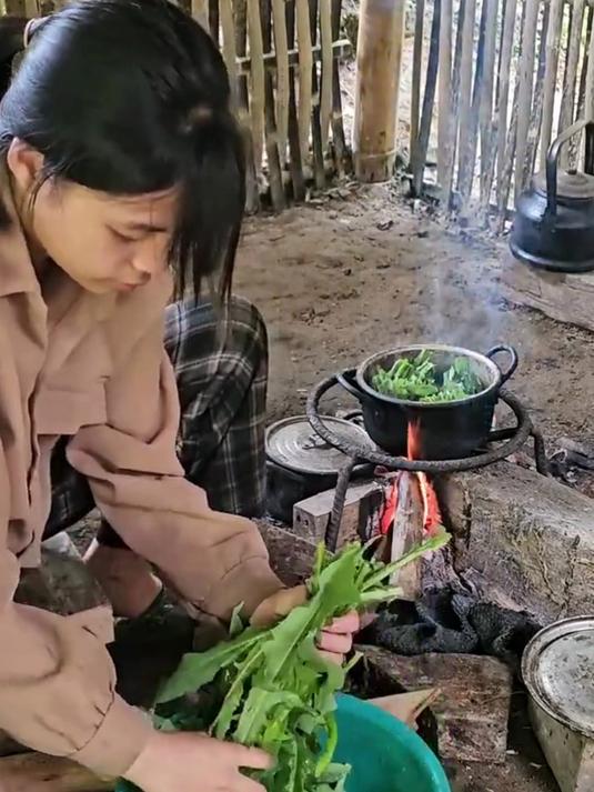 男孩和小雪吃早餐,稀饭配上自己种植菜