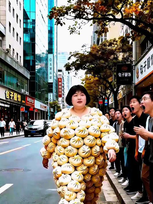 城市街头有人穿满包子的衣服,路人看呆,这画面搞笑绝了