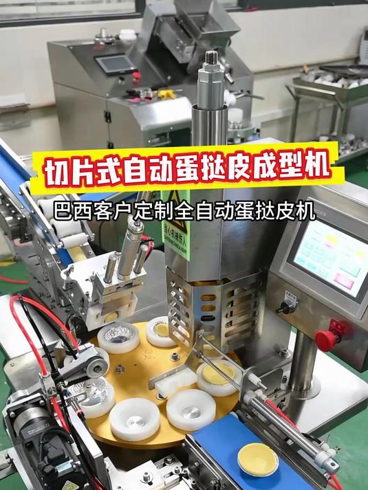巴西客户定制蛋挞皮成型机,带自动上托、切片、压模成型一体