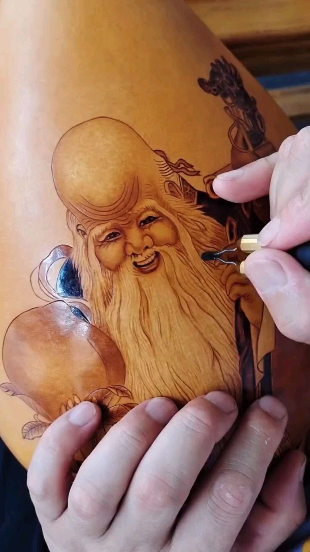 段宝江烙画,葫芦烙画寿星图,沂水非物质文化遗产