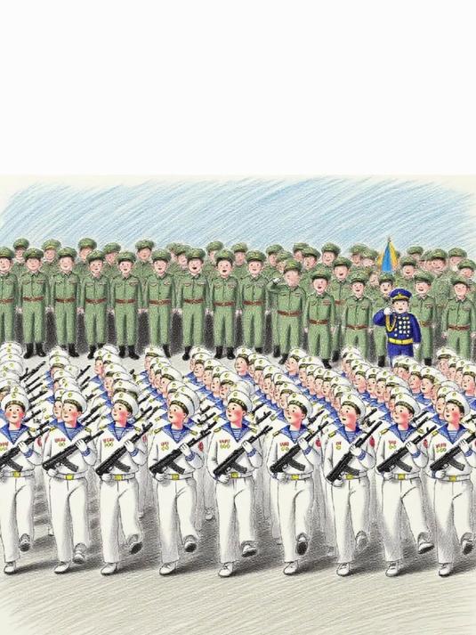 心中阅兵燃热血,儿绘军魂入画来