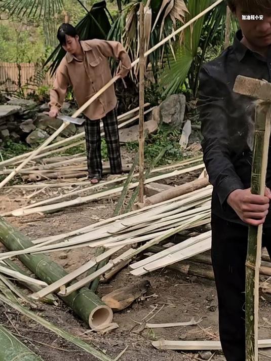 男孩和小雪建造鸡舍文围墙,今天可以完工