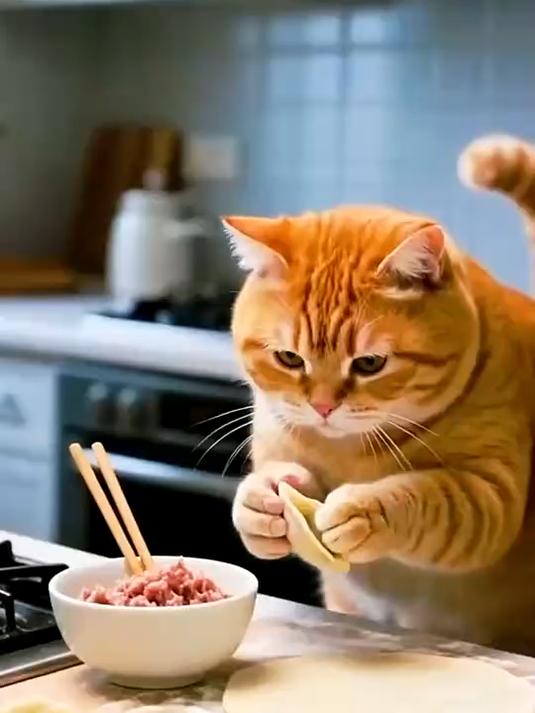 #AI萌宠变身计划# 百变萌宠 橘猫包饺子过程视频