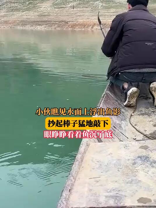小伙瞧见水面上浮出鱼影,抄起棒子猛地敲下,眼睁睁看着鱼沉了底