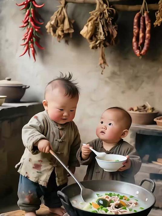 爸妈去地里干活,哥哥睡醒给弟弟做皮蛋瘦肉蔬菜粥
