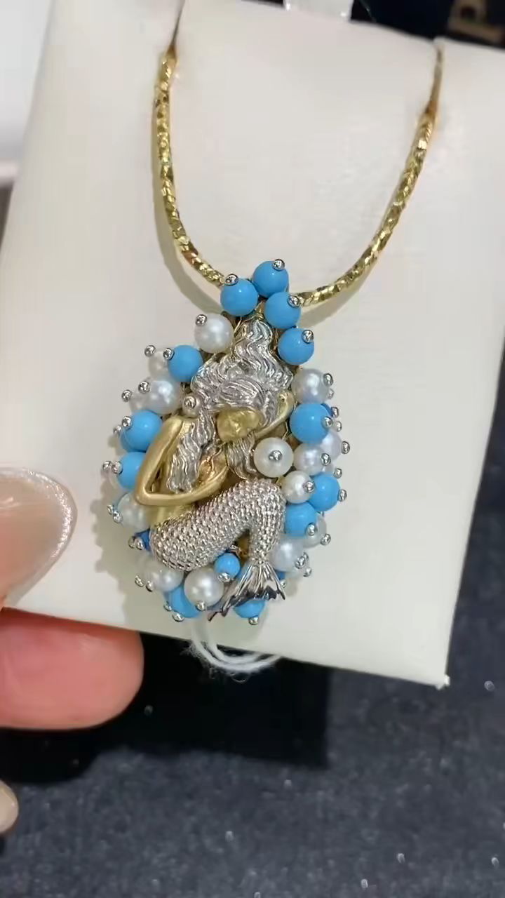 俄罗斯柠檬金 绿松石 美人鱼重工吊坠