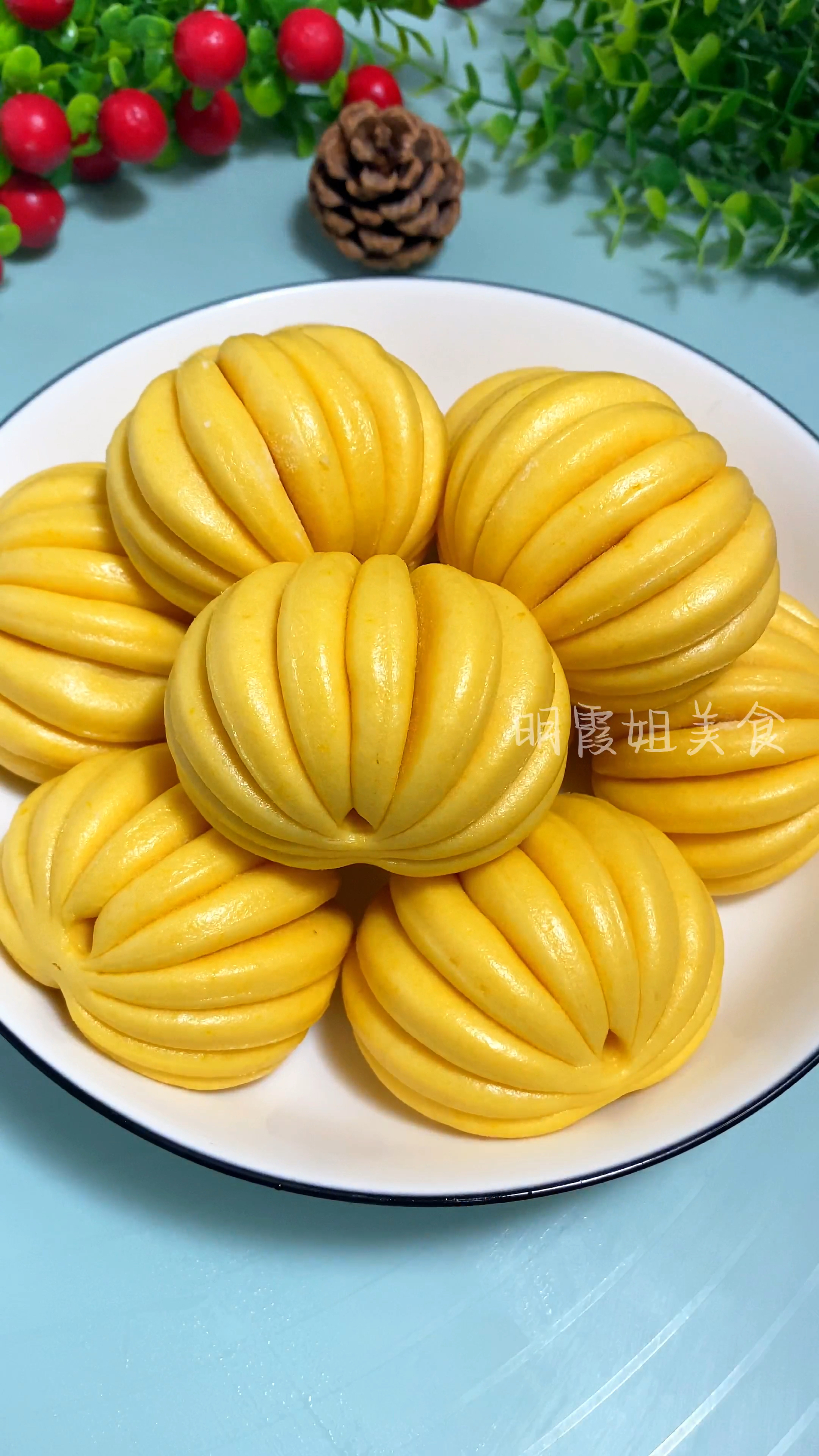 南瓜面的绣球馒头,好看又好吃,营养丰富