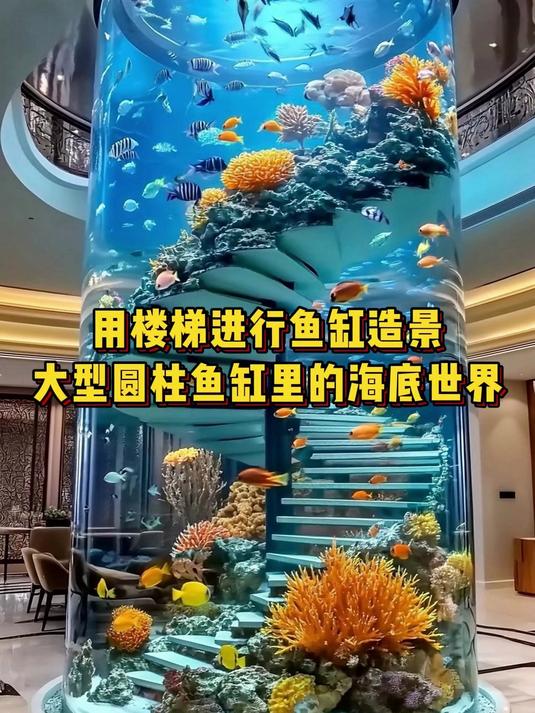 用楼梯进行鱼缸造景,大型圆柱鱼缸里的海底世界