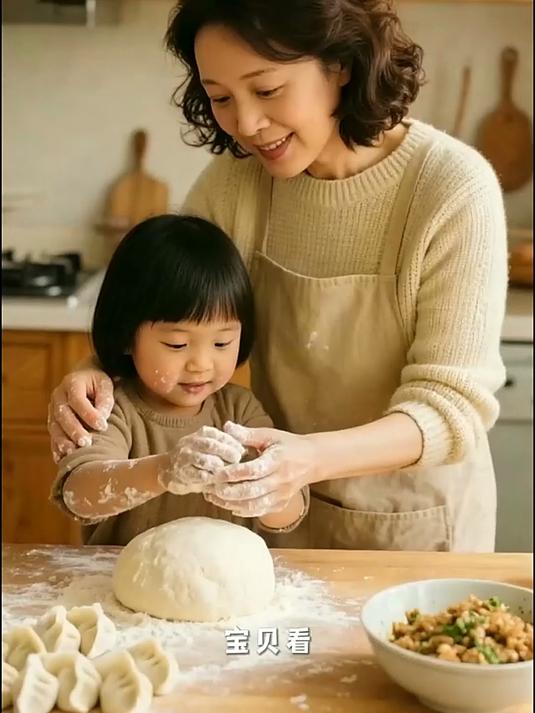 和妈妈一起包饺子,捏出小刺猬形状～