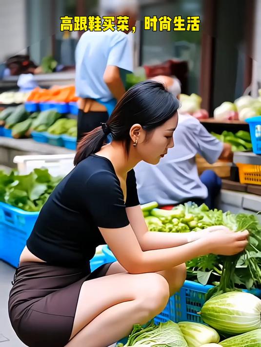 美女蹲摊挑菜,高跟鞋配短裙,气质与烟火气完美碰撞