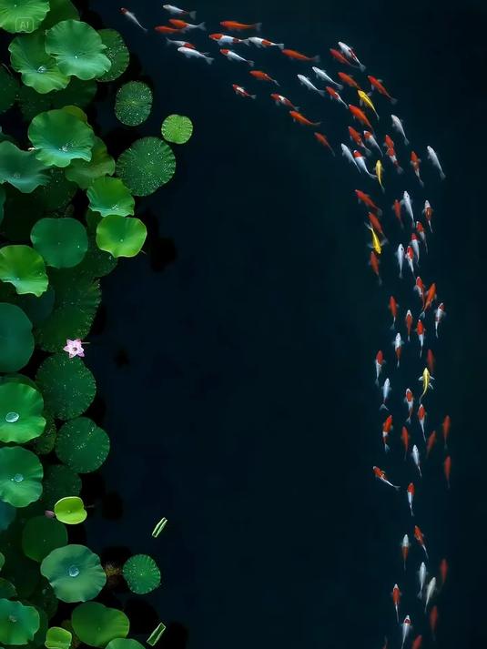 航拍荷花池里的金鱼,绝美画面