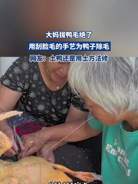 大妈拔鸭毛绝了,用刮脸毛的手艺为鸭子除毛