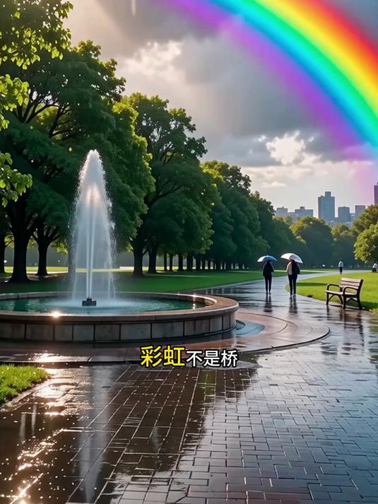 人工彩虹奇观:阳光水滴折射反射形成彩虹的原理